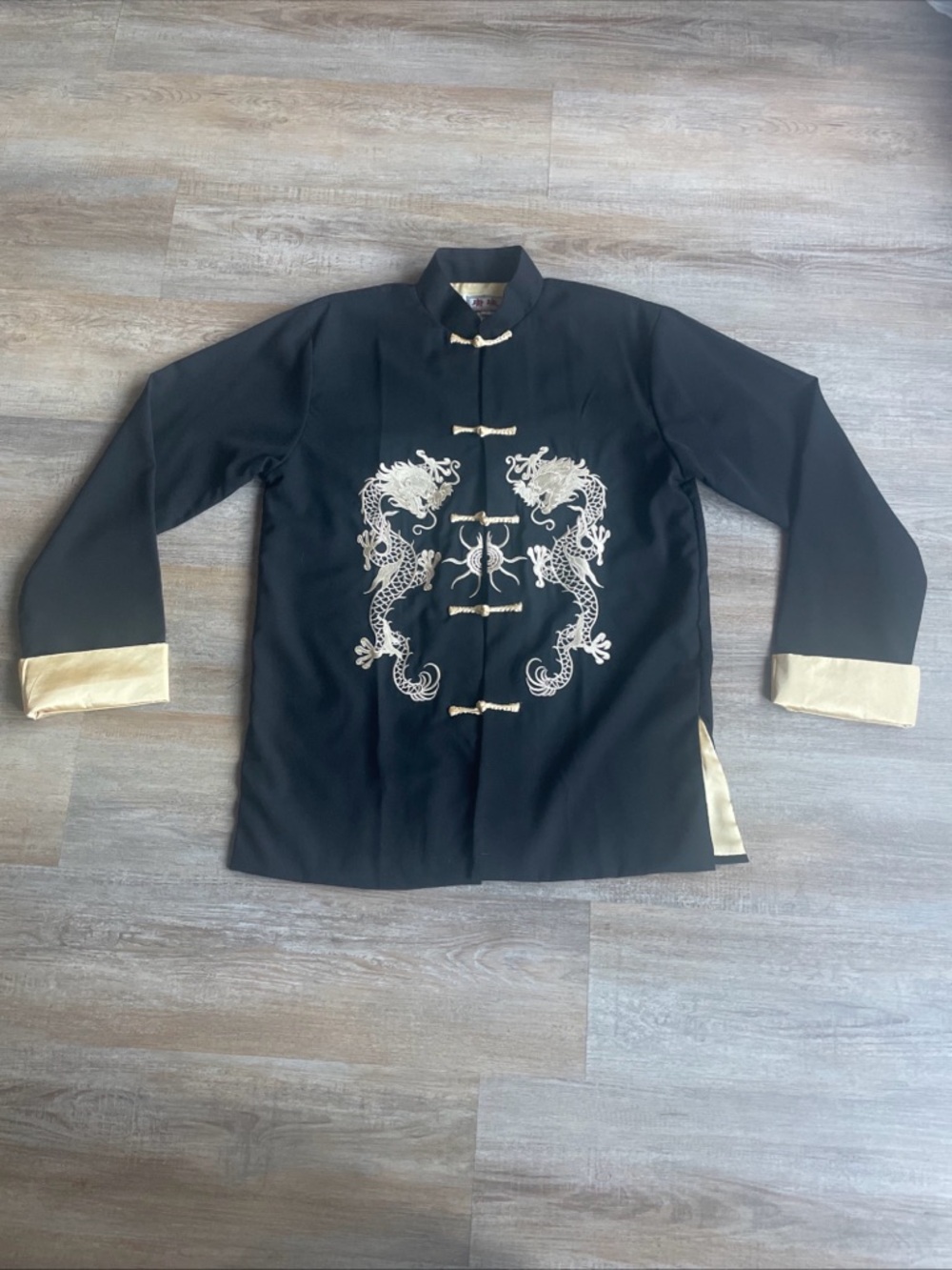 Black & Gold Dragon Embroidered Tang Suit Kung Fu Jacket Size Medium